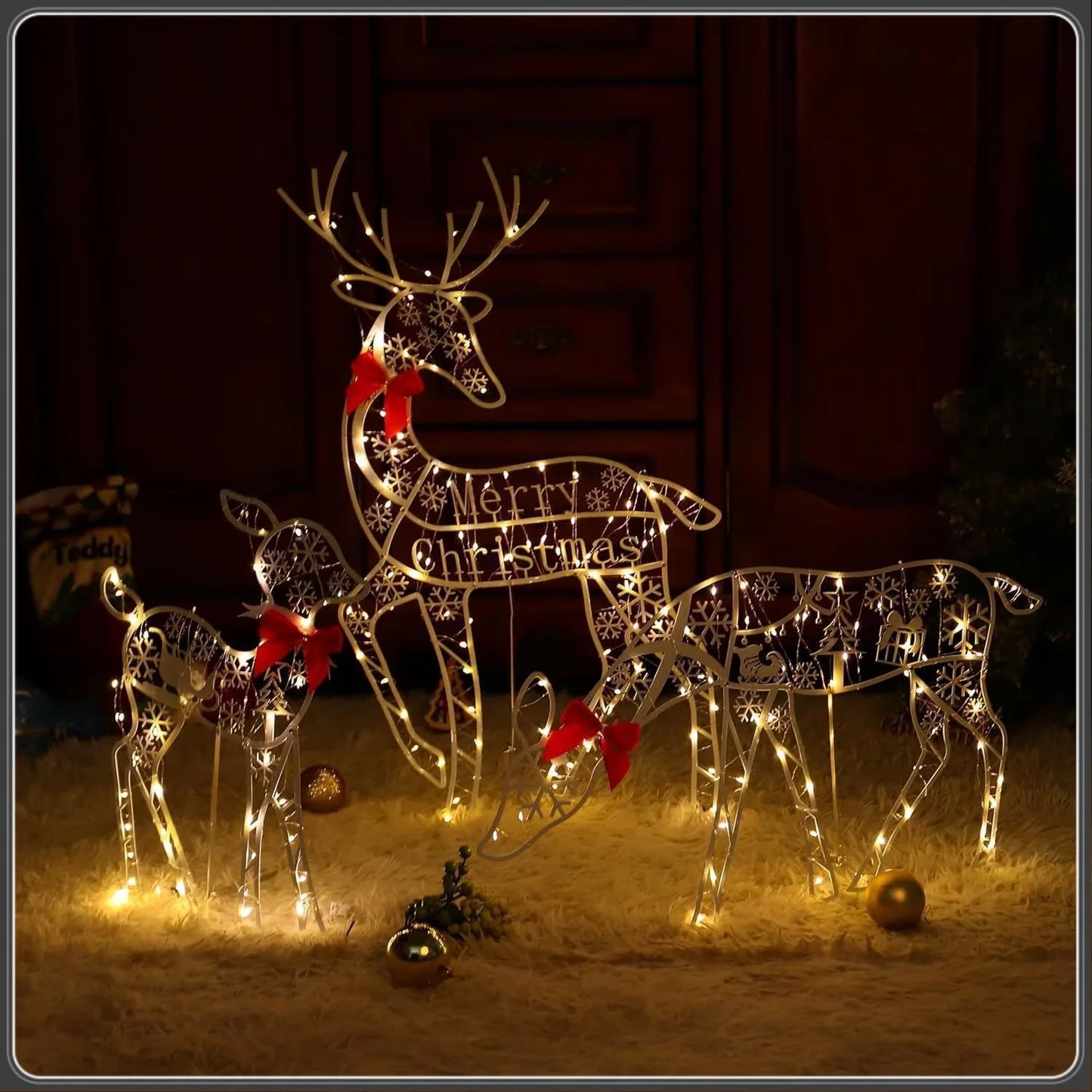 3pcs Handmake Iron Art Elk Deer Christmas Garden Decor &led Light Glowing Glitter Reindeer