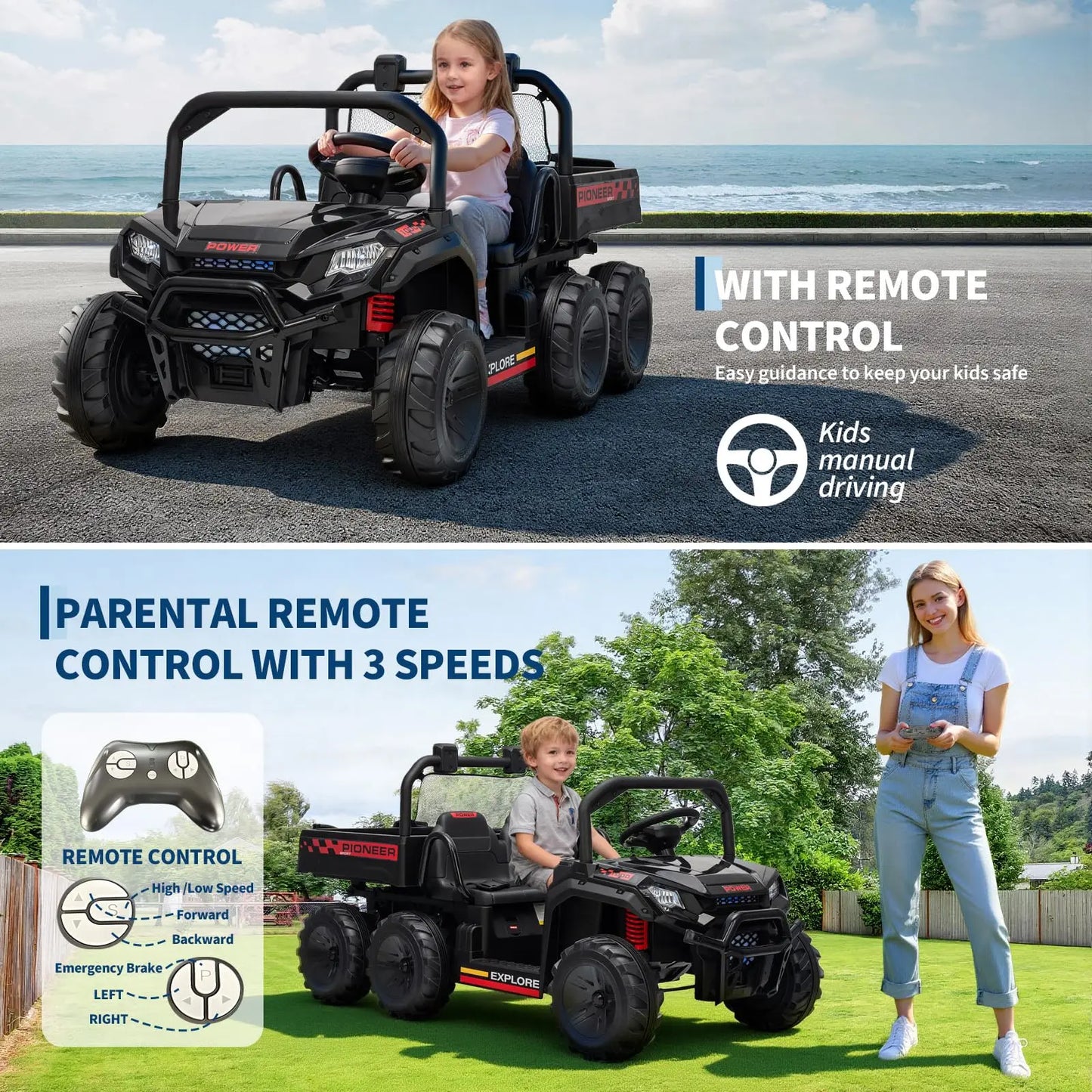 24V 4WD Electric Ride-on Dump Truck For Kids 2-Seater With Parental Remote Control