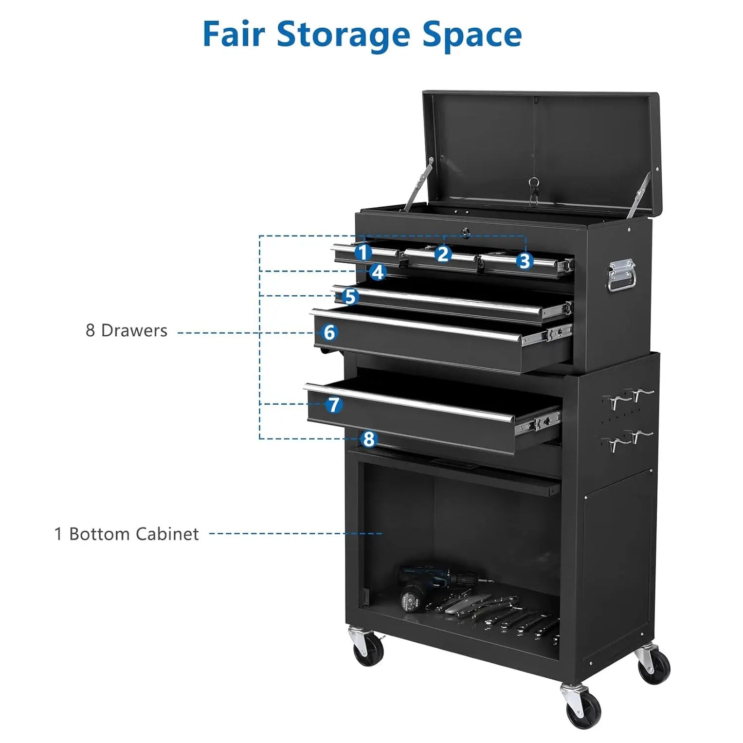 8-Drawer Rolling Tool Chest w/Lock w/Wheels, Detachable Top, Drawers & Drawer Liners,