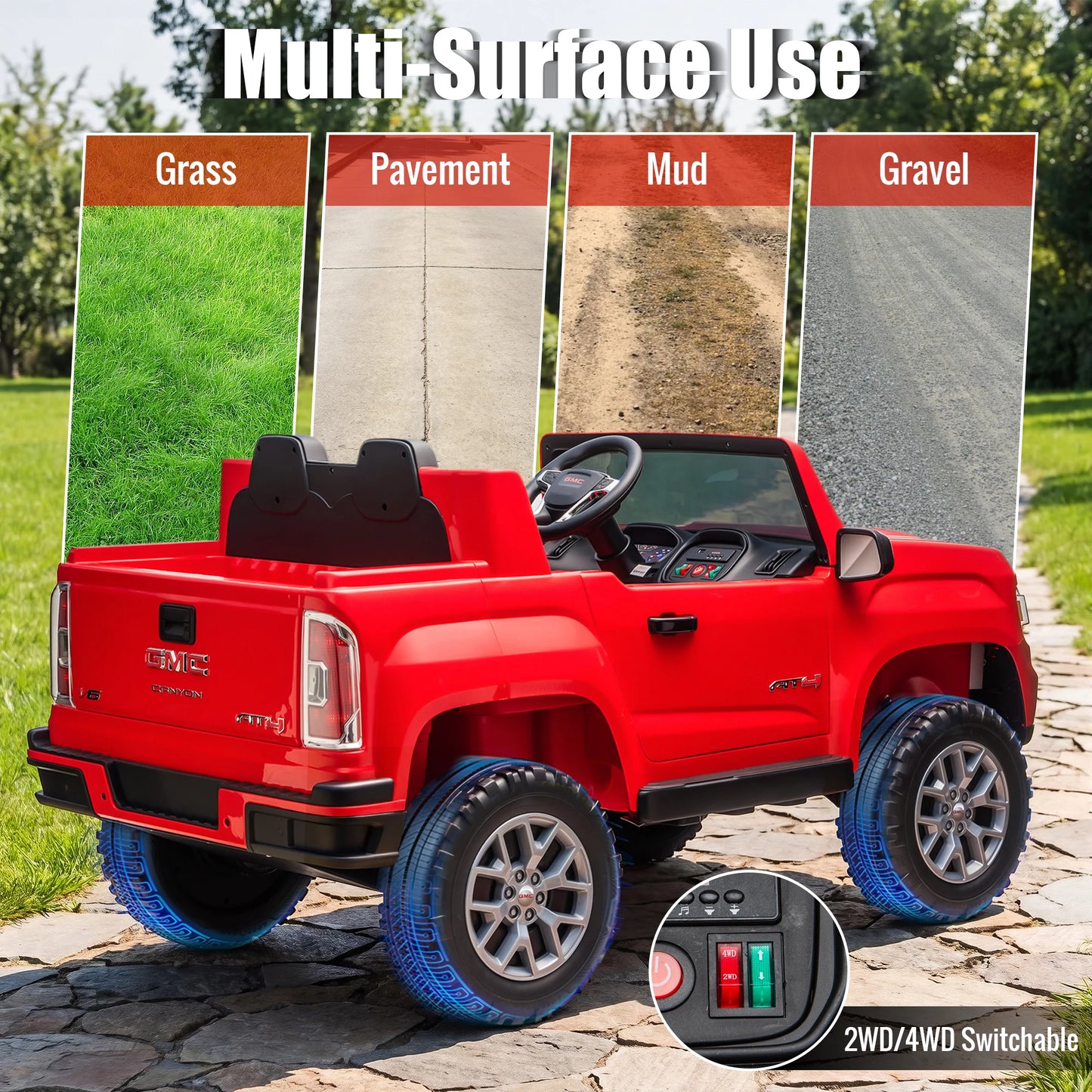 24V 4WD Kids Ride On Truck, 4 Motors 7AH Battery Electric Pickup Car, with LED Lights, Spring Suspension, MP3, 2 Speed Switch, Gift for Kids