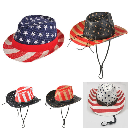 Outdoor Sun Protection Straw American Flag Western Cowboy Hat