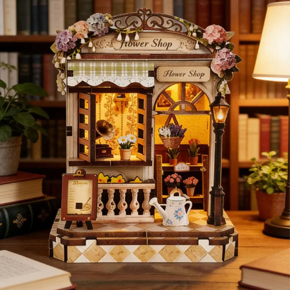 DIY Mini Wooden Dollhouse Kit 3D Wooden Puzzle Book Nook LED Light