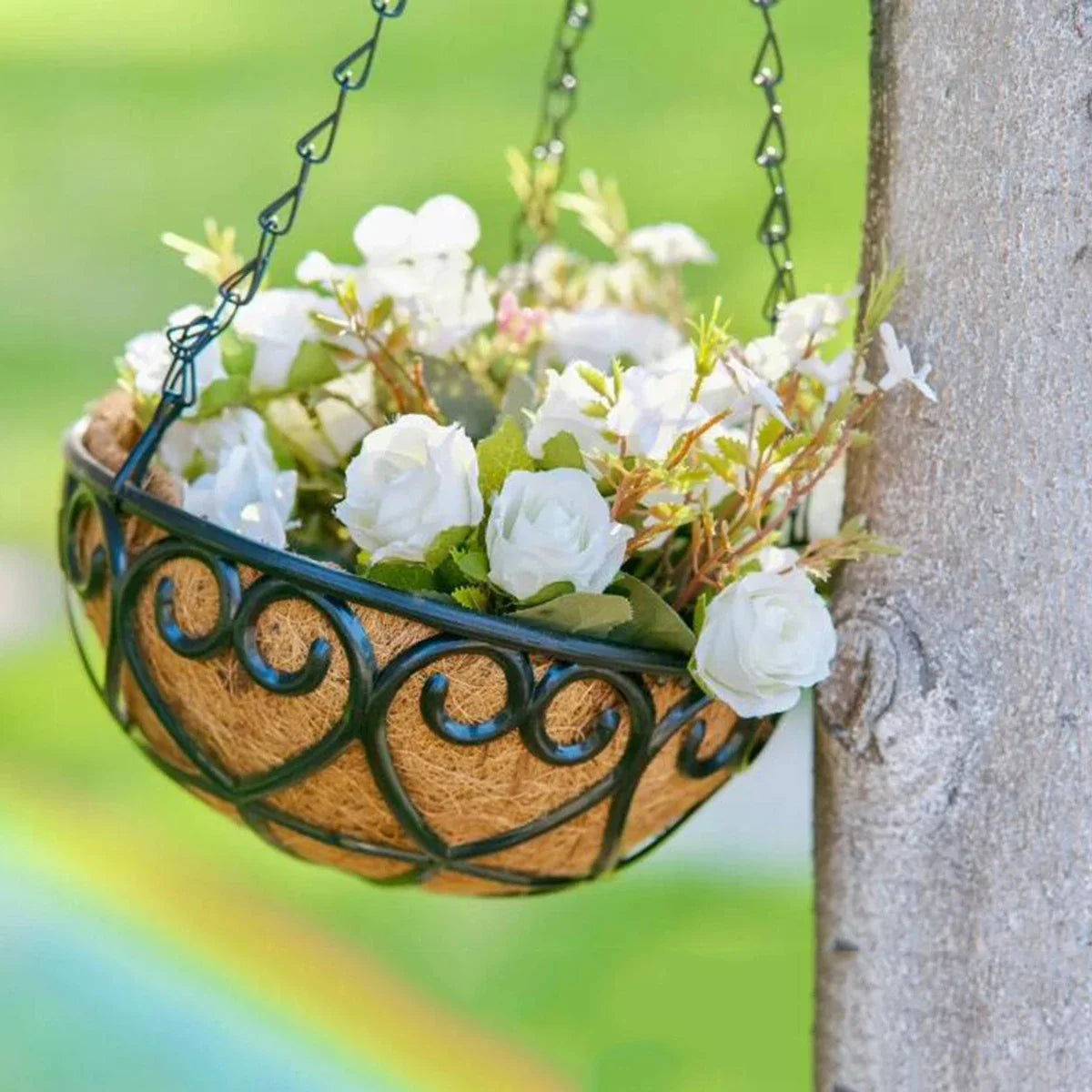 Coconut Brown Round Iron Chain Hanging Basket Flowerpot Holder