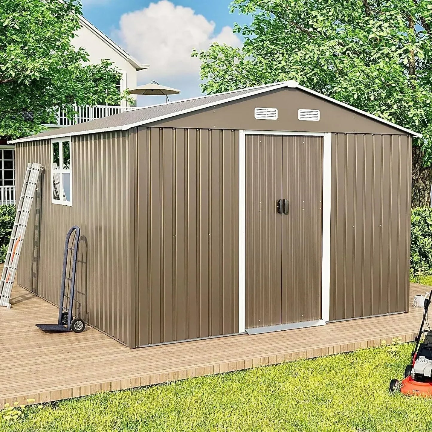 10ft X 8ft Metal Storage , Outdoor  Shed With Lockable Slide Doors & 2 Windows,