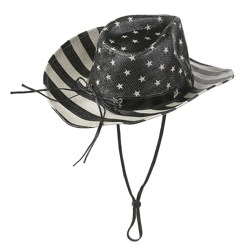 Outdoor Sun Protection Straw American Flag Western Cowboy Hat