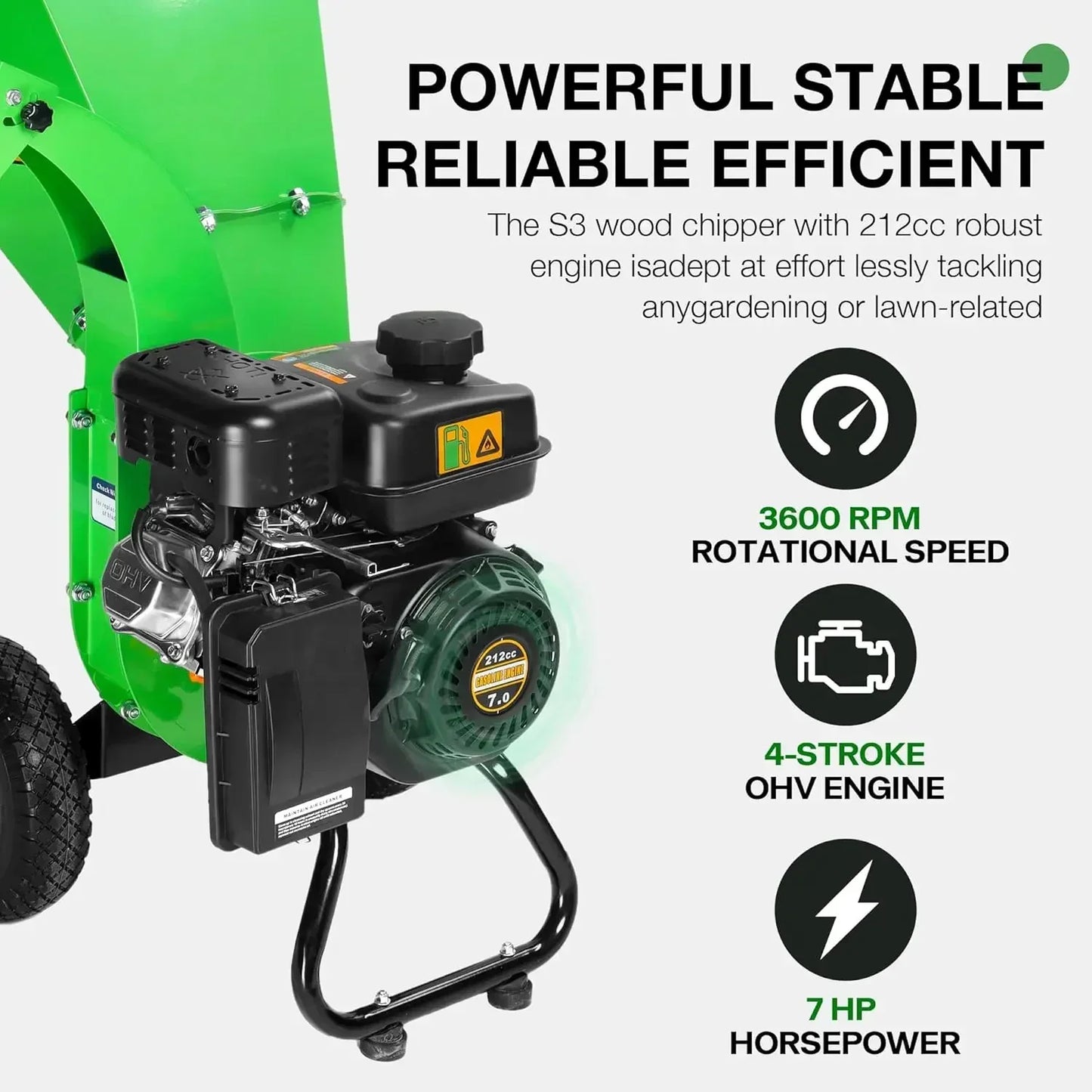 Wood Chipper Shredder, 7HP 212cc Gas Powered Heavy Duty, 3" Max Wood Diameter