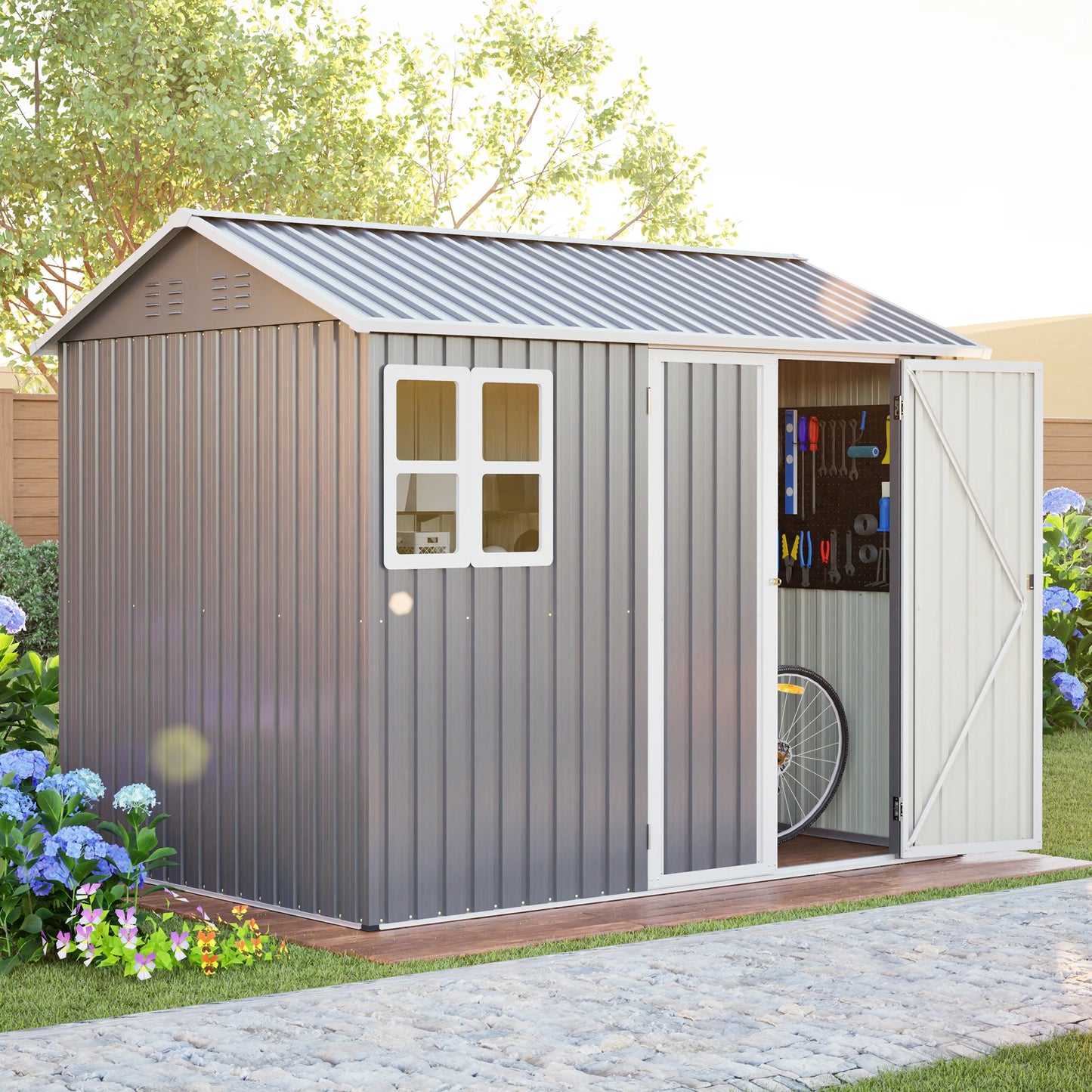 8x6 FT Storage Shed Outdoor Tool Shed with Window, Lockable Doors & Sloped Roof