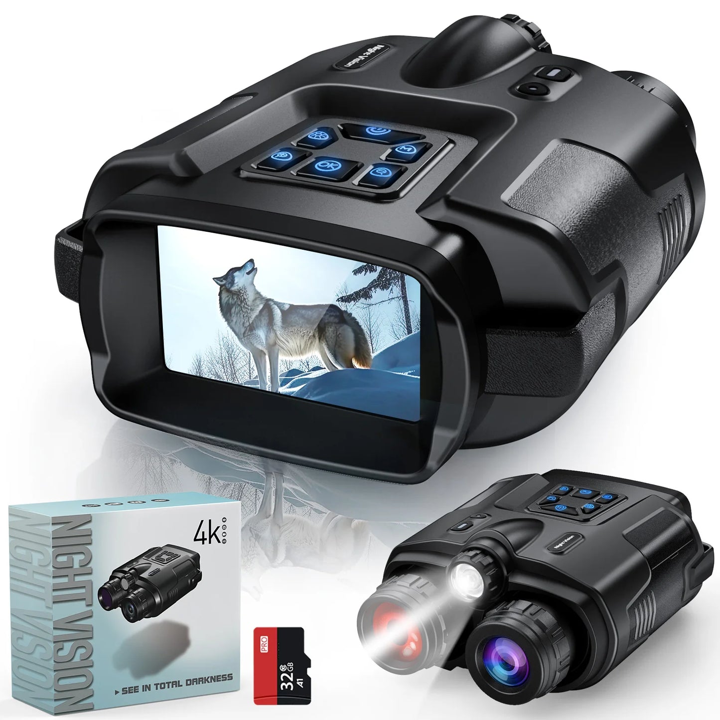4K Night Vision Binoculars 32GB Infrared Night Vision Goggles 3” Large Screen 8X Digital Zoom Tactical Light