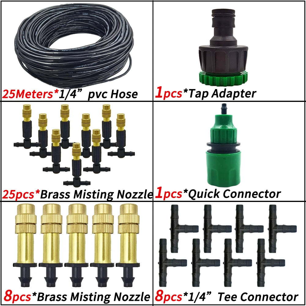 15M-30M Outdoor Misting Garden Irrigation 1/4'' Brass Atomizer Nozzles Hose for Patio/Greenhouse
