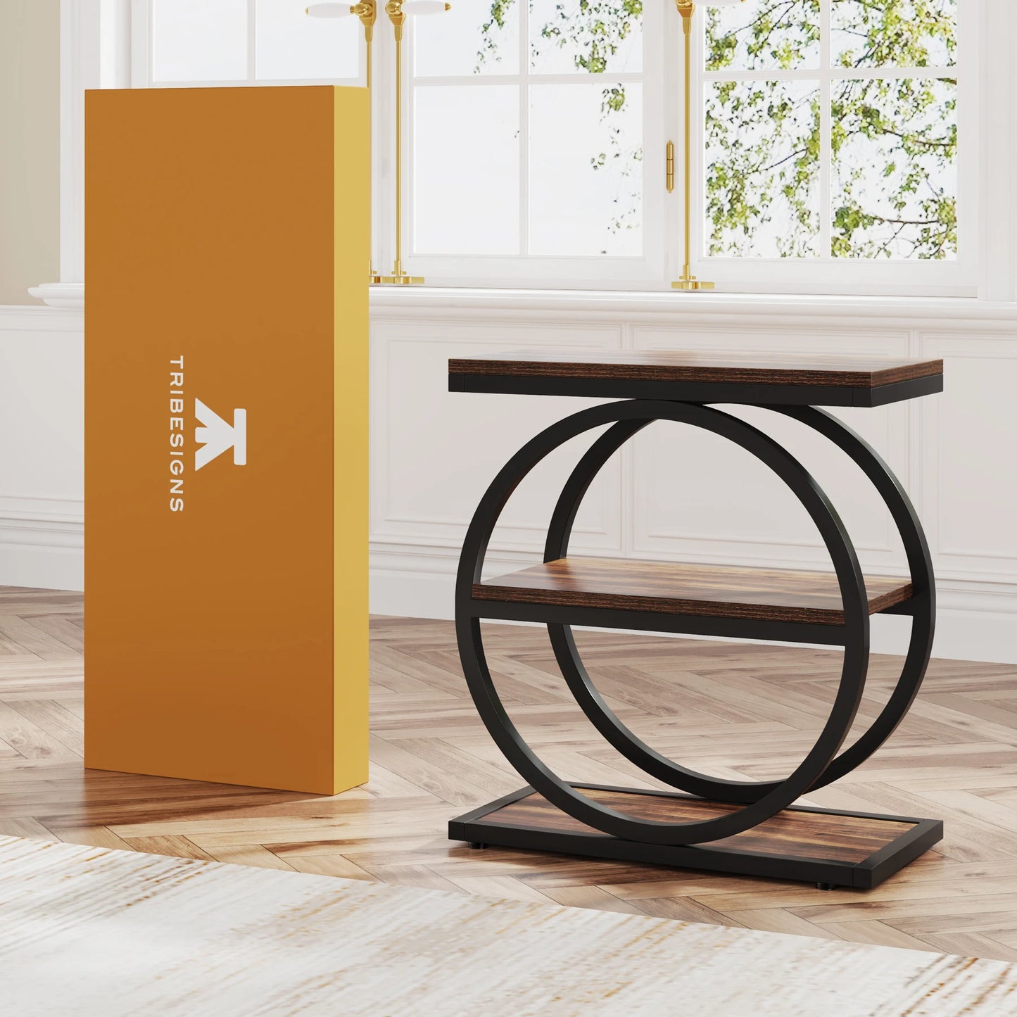 Narrow End Table with 3 Storage Shelves, Wooden.