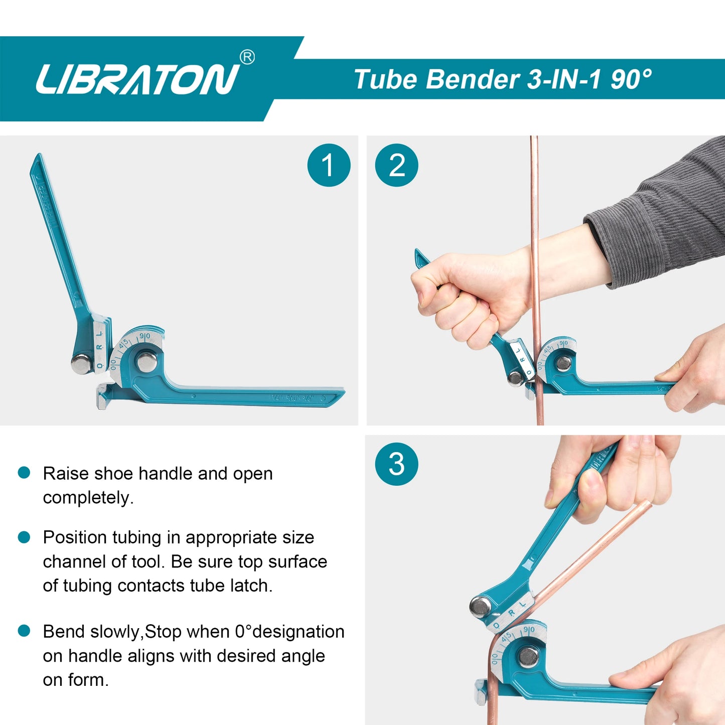 LIBRATON Tube Pipe Bender, 3-IN-1, 1/4" 5/16" 3/8" for Copper, Brass, Aluminum, Thin Steel