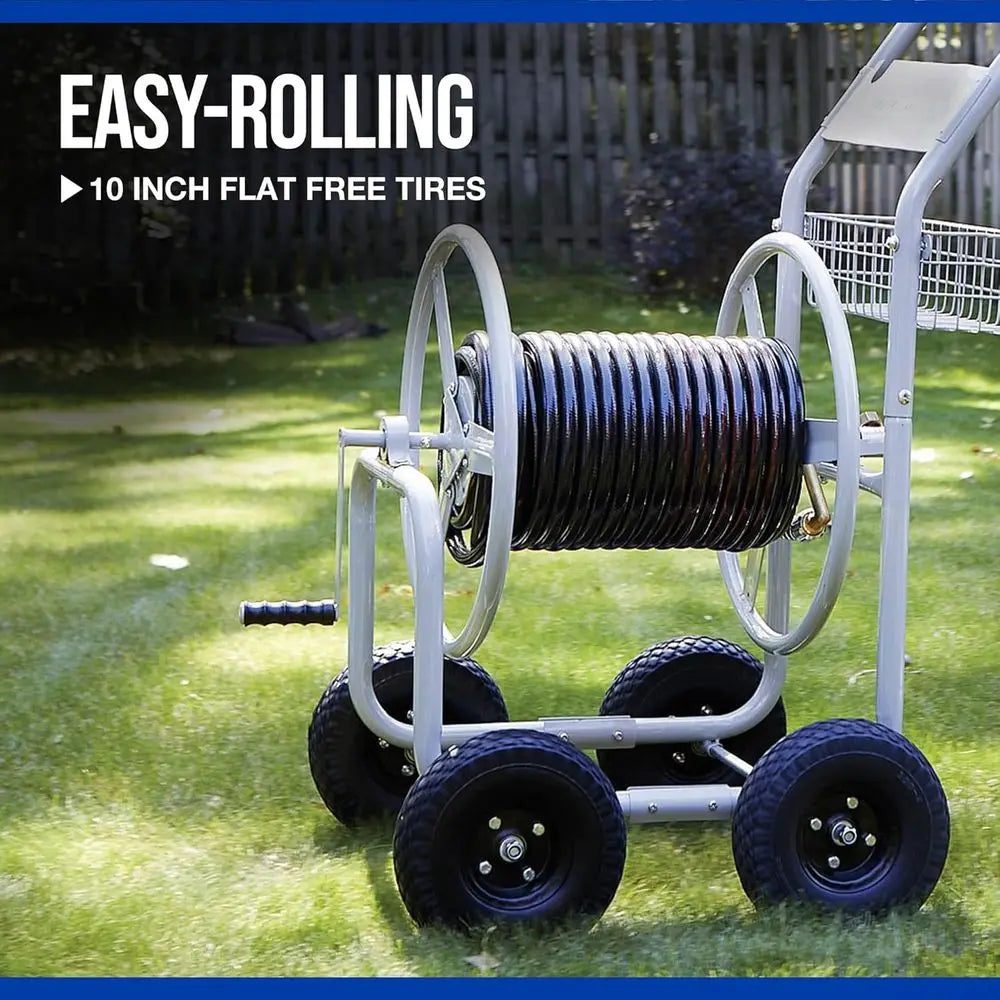 Garden Hose Cart, Holds 5/8 in. x 400 ft. Hose, Tubular Steel  10 in. Tires, Brass fittings, 6 foot. Leader Hose.