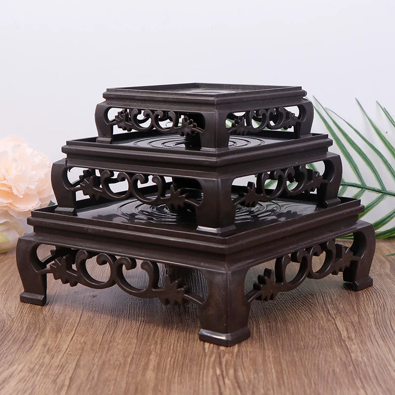 Deep Brown Carving Wooden Look Plastic Base Tray Flowerpot Holder Round Square Multi-Functional
