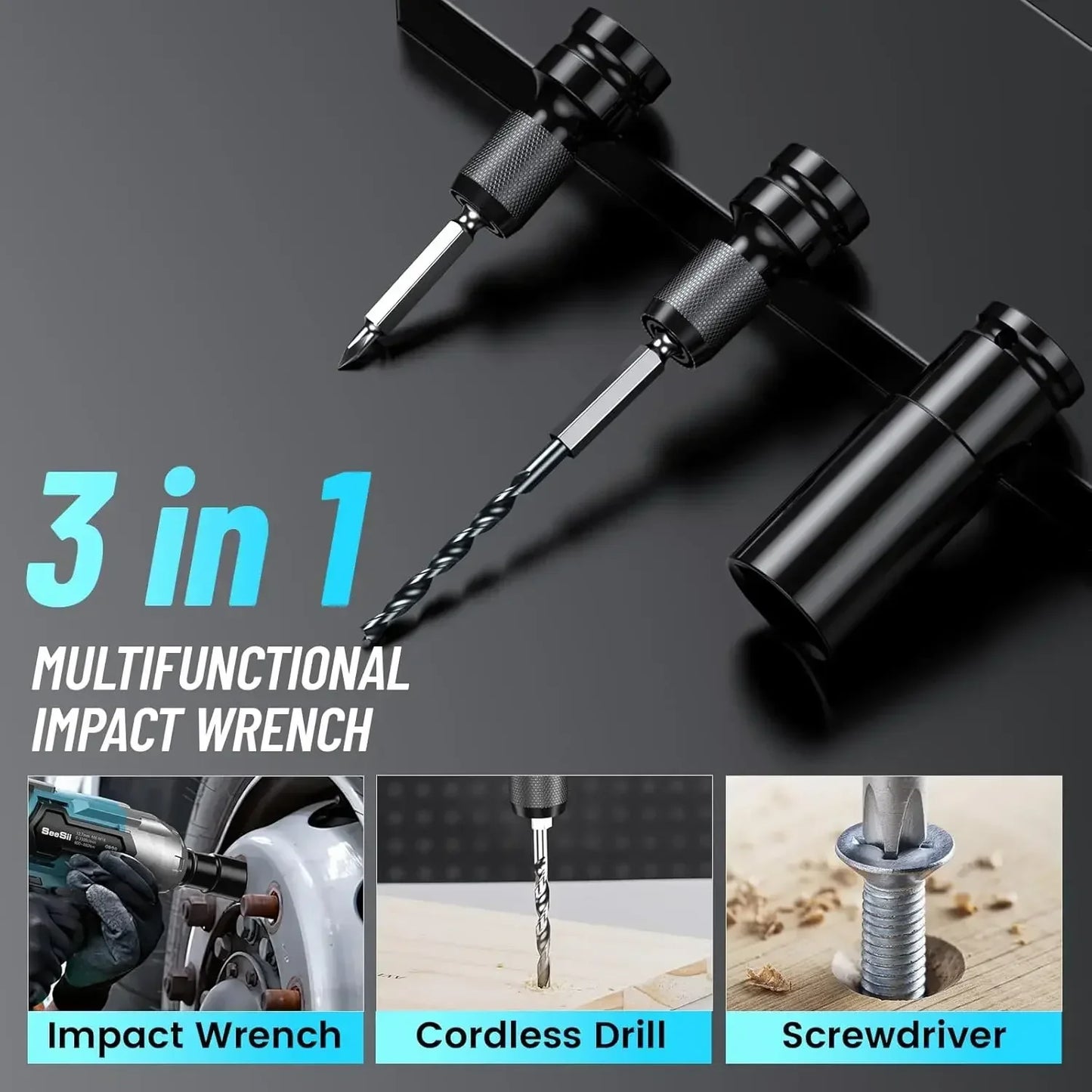 Seesii 3-in-1 650N.m Cordless Impact Wrench & Electric Drill & Screwdriver 1/2" Brushless Impact Gun Kit with 2*4.0ah Batteries LED Light  for Car Home