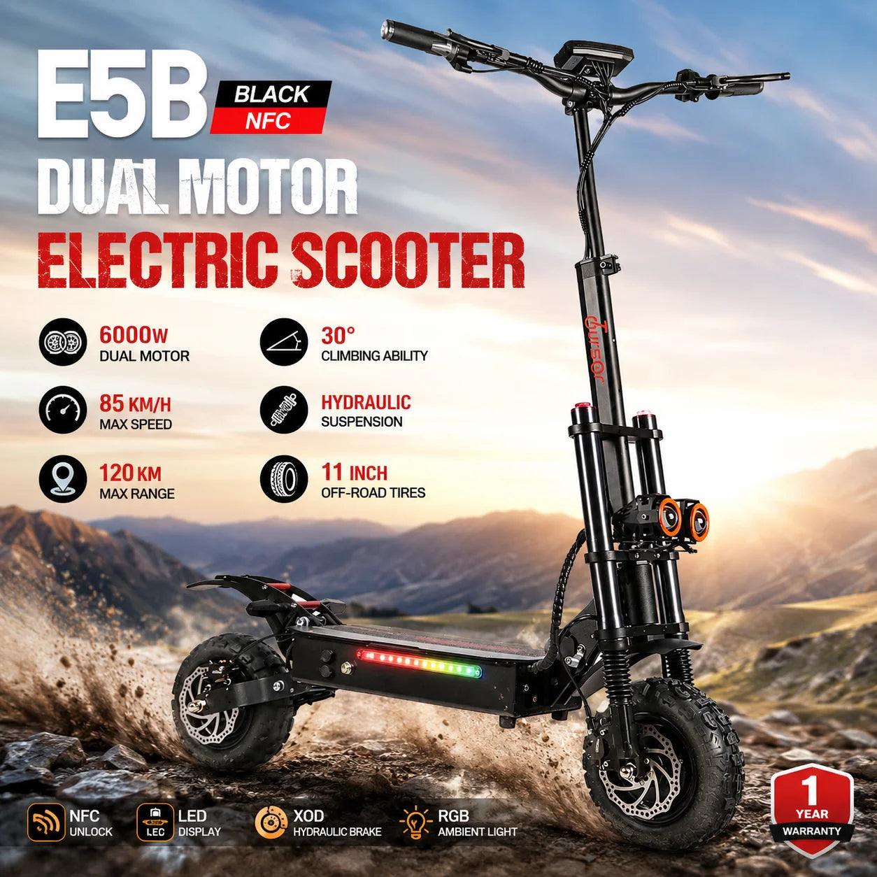 E5B High Power Electric Scooter 6000W Dual Motor 60V 35Ah Battery 80KM/H Speed Dual Shock Absorption Hydraulic Brakes