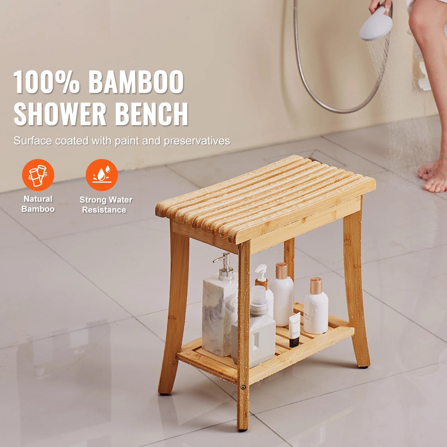 Bamboo Waterproof Shower Stool Chair with Storage Shelf 330lbs Load Capacity Spa Seat