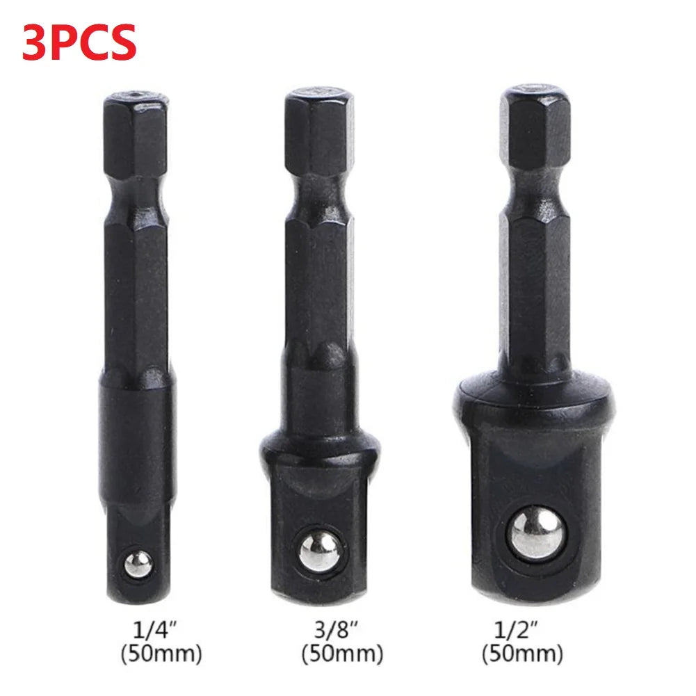 3Pcs Impact Socket Adapter 1/4 3/8 1/2 Inch Nut Driver Sockets Hex Shank