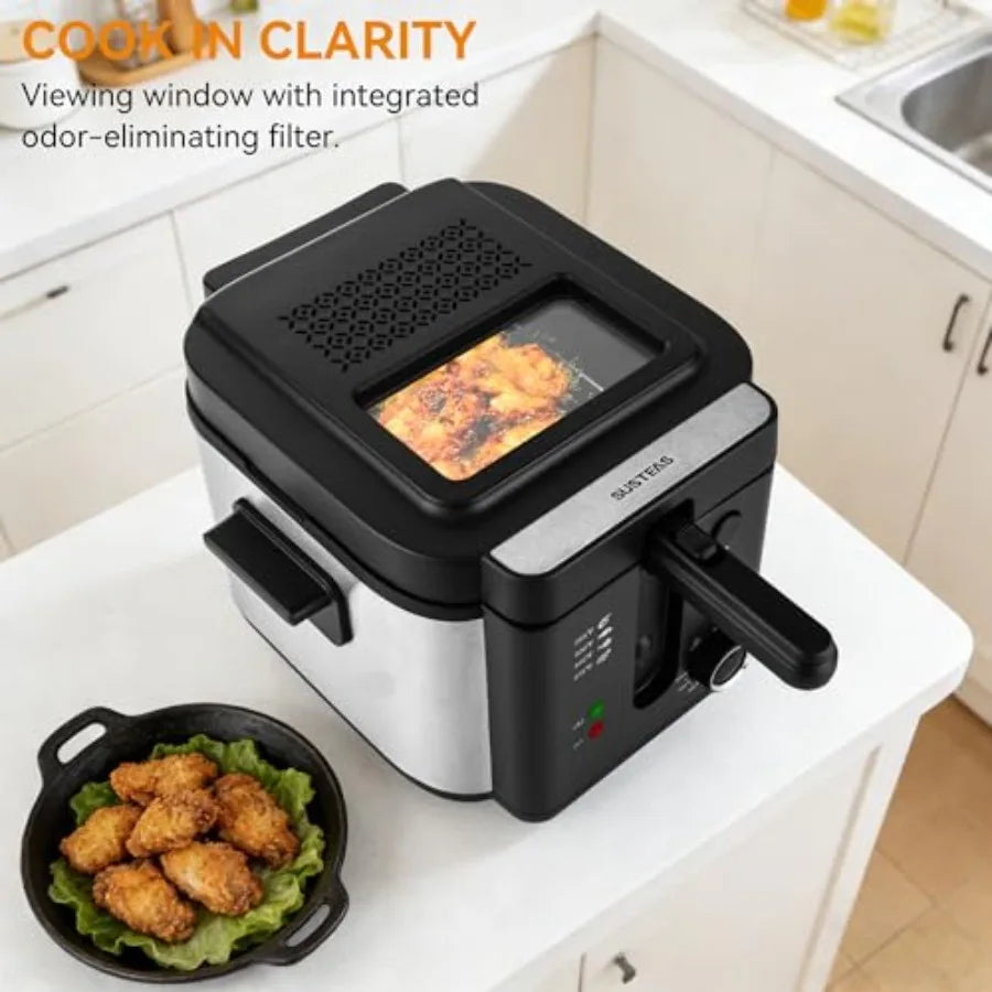1500W Adjustable Temperature Electric Deep Fryer with Removable Lid and 2.5L Non-Stick Inner Pot for Home Use Deep Black Fryer
