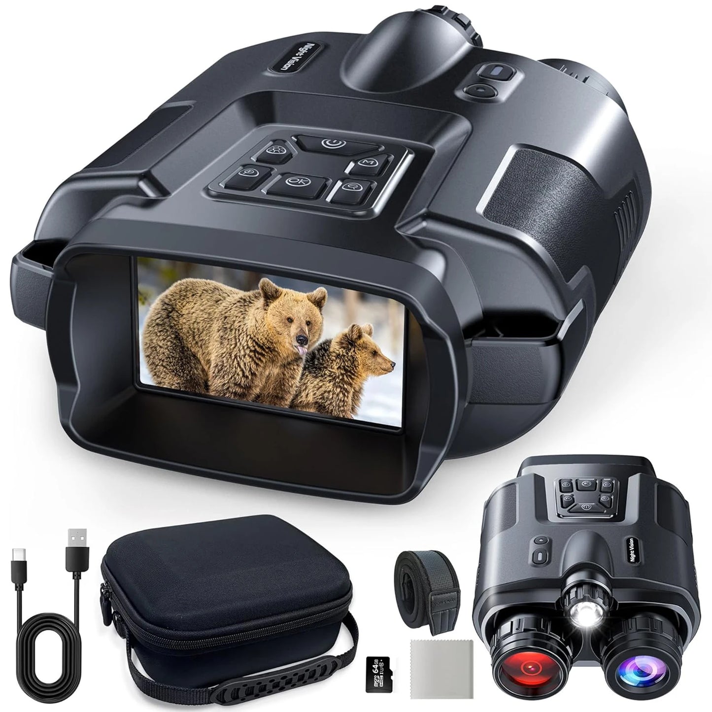 4K Night Vision Binoculars 32GB Infrared Night Vision Goggles 3” Large Screen 8X Digital Zoom Tactical Light