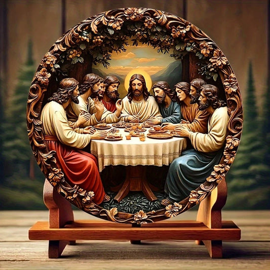 2D 8in Wooden Circular Disc Jesus and Disciples Flat Christian Religious Art