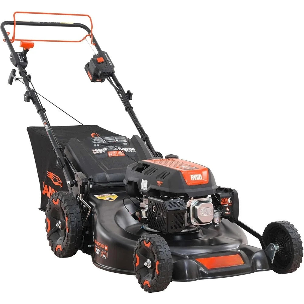24 inch 201cc Self Propelled Gas Lawn Mower with Electric Start 6 Speed CVT High Wheel 3-in-1 RWD