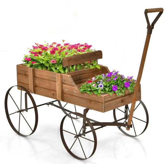 Patiojoy Wooden Garden Flower Planter Wagon Plant Bed W/ Wheel Garden sale Yard Brown