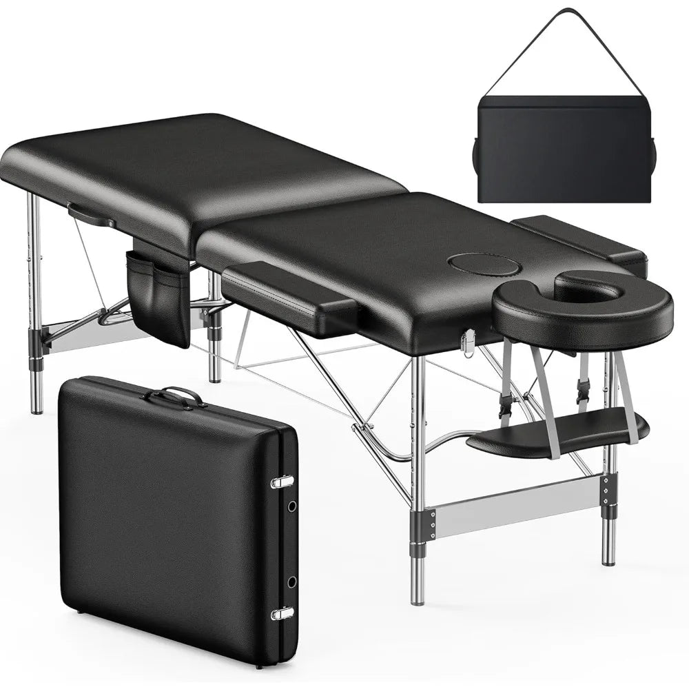 Portable 2-Fold Massage Table Height-Adjustable Aluminum Frame Side Pocket Face Cradle