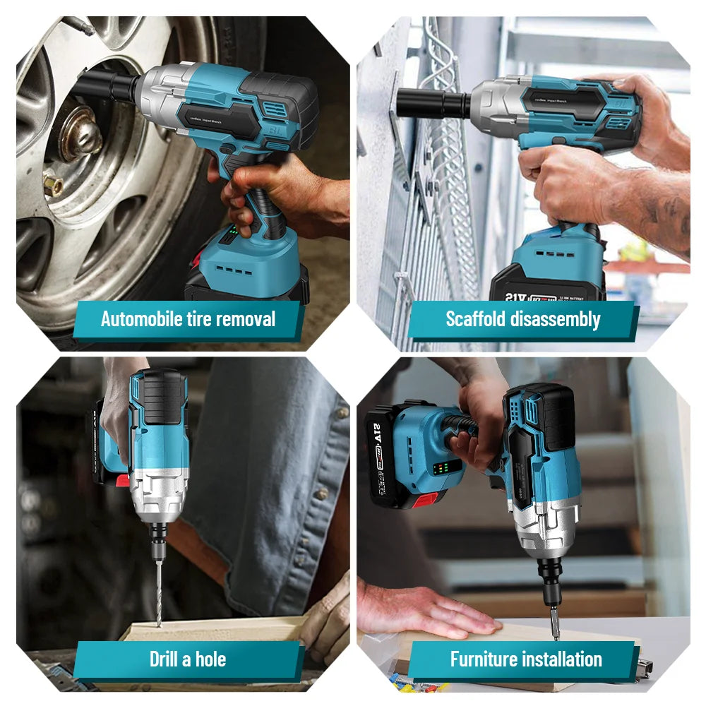 Seesii 3-in-1 650N.m Cordless Impact Wrench & Electric Drill & Screwdriver 1/2" Brushless Impact Gun Kit with 2*4.0ah Batteries LED Light  for Car Home
