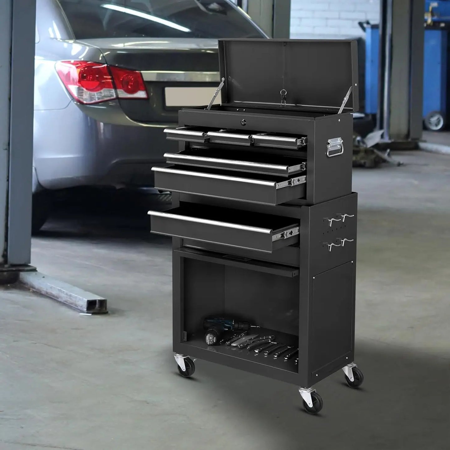8-Drawer Rolling Tool Chest w/Lock w/Wheels, Detachable Top, Drawers & Drawer Liners,