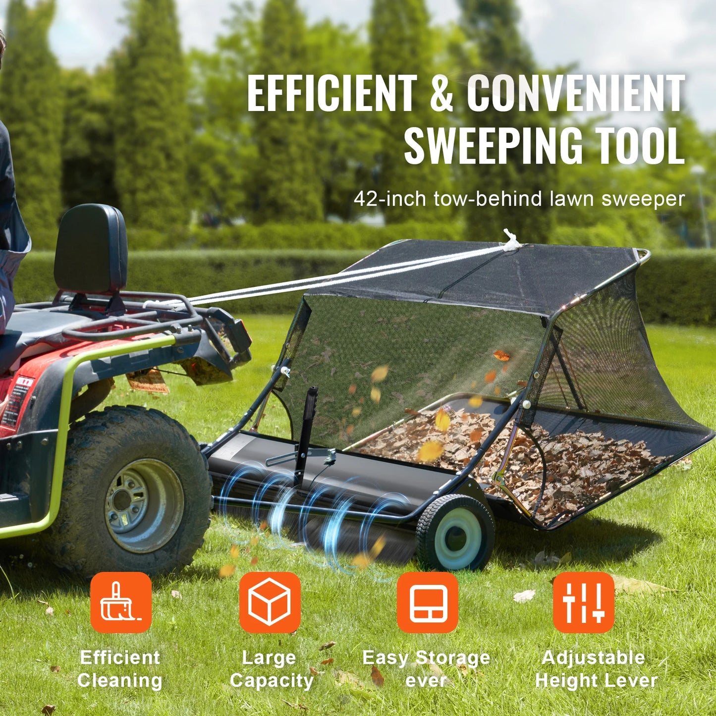 SucceBuy Large Lawn Sweeper, Tow Behind Design with Dump Rope for Easy Emptying