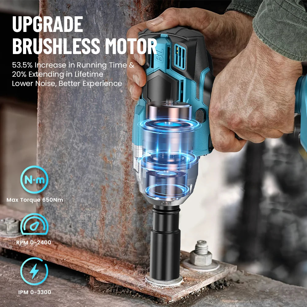 Seesii 3-in-1 650N.m Cordless Impact Wrench & Electric Drill & Screwdriver 1/2" Brushless Impact Gun Kit with 2*4.0ah Batteries LED Light  for Car Home
