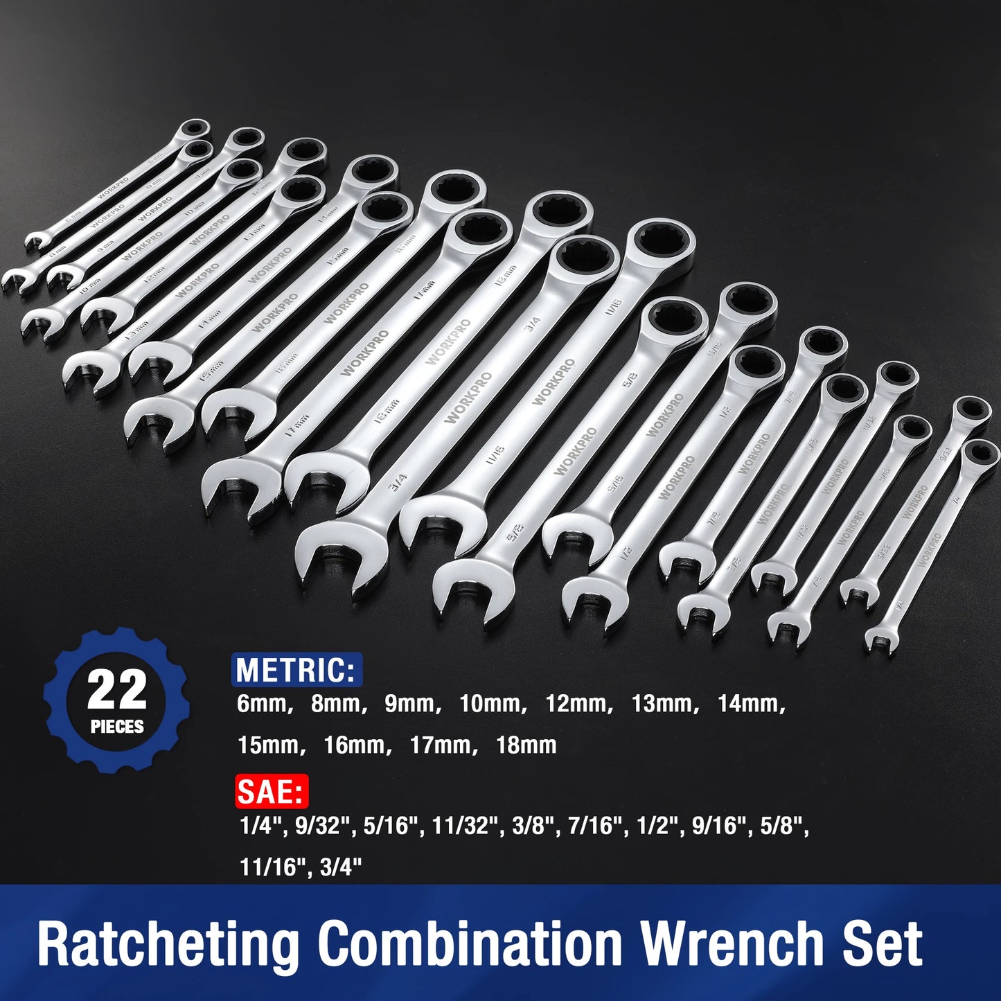 WORKPRO 21pc Ratcheting Wrench Set  with Box ,72 Teeth Wrench with Box