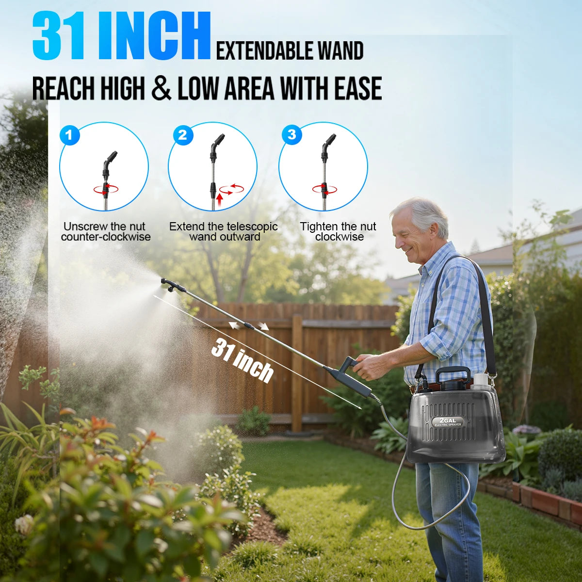2 Gallon Battery Powered Sprayer, Electric Garden Sprayer with 3 Adjustable Pressure Levels, 4 Nozzles & Extendable Wand