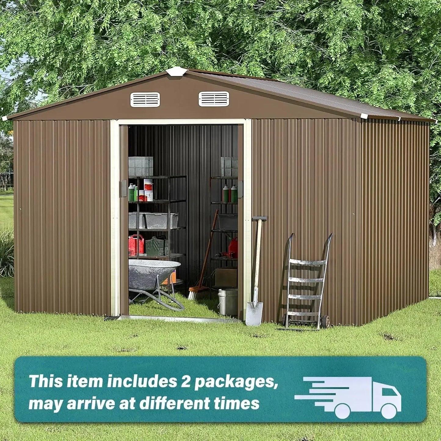 10ft X 8ft Metal Storage , Outdoor  Shed With Lockable Slide Doors & 2 Windows,