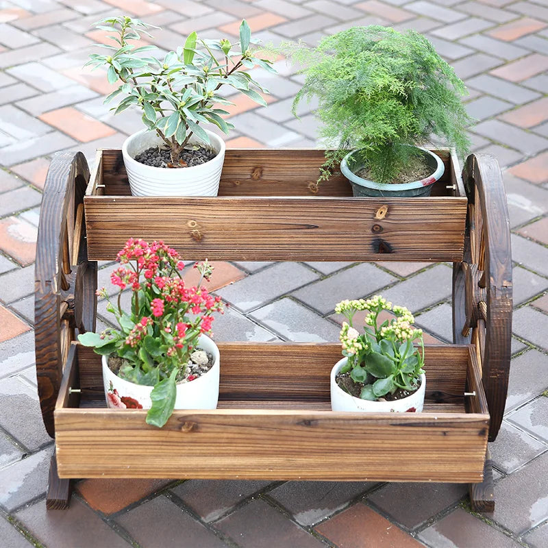 ‌Solid Wood Rolling Plant Cart - Outdoor Patio Stand