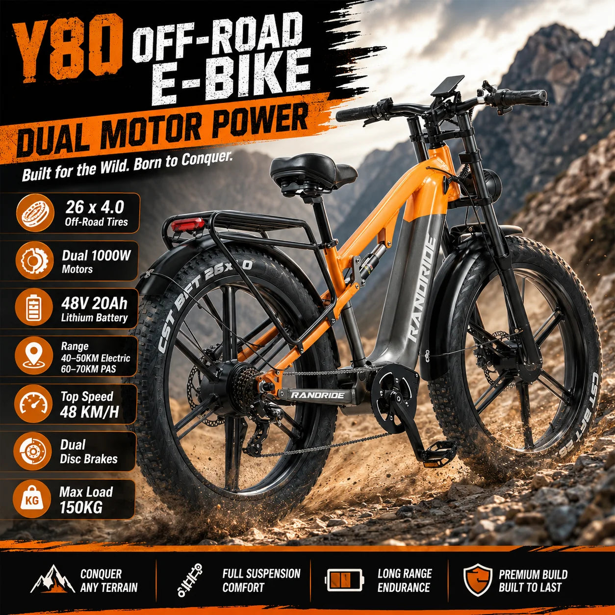 Y80 Dual Motor Electric Mountain Bike 2000W 48V 20Ah Battery E-bike 26 Inch Fat Tire E-Bike with Front and Rear Disc Brakes