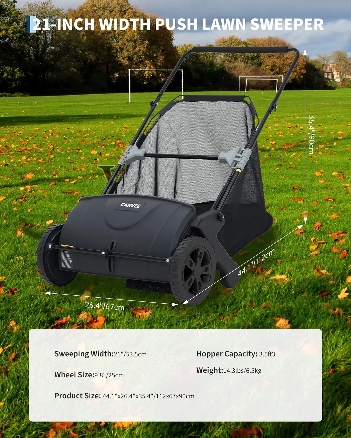 21 Inch Push Lawn Sweeper 3.5 Cubic Feet Hopper Leaf And Grass Collector 4 Spinning Brushes Adjustable Brush Height Manual Yard Sweeper For Grass Clippings Leaves And Light Debris