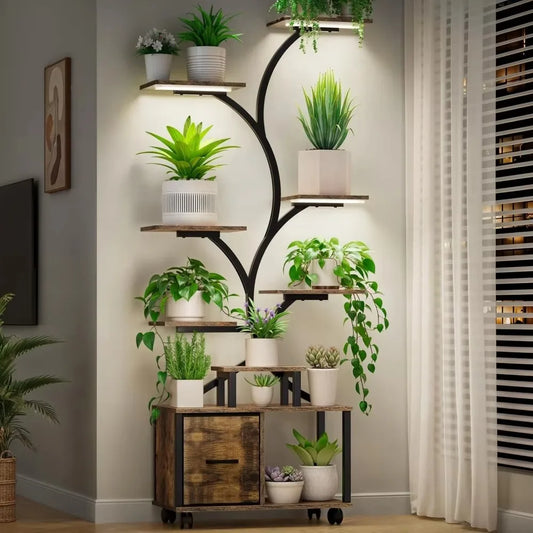 65" Indoor Plant Stand with Grow Lights, Tiered Metal Plant Shelf with Wheels and Drawer, Plant Storage Rack for Home Decor