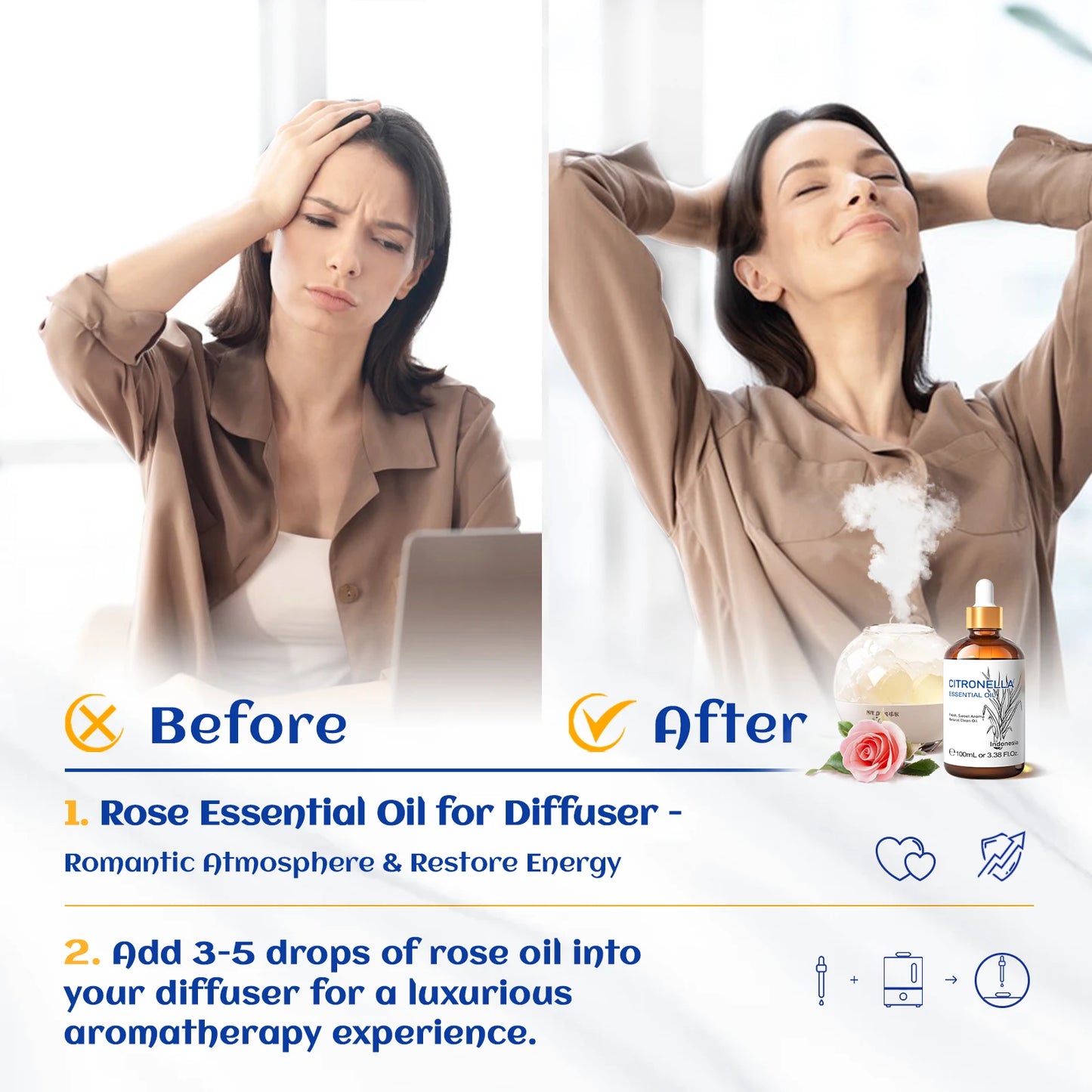 HIQILI Essential Oil Rose Geranium Lavanda Citronela Tea Tree vanille Body Oil Face Skin Care Massage 100ML/3.38fl.oz