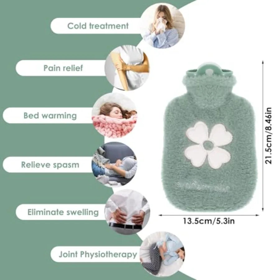 500ml Hot Water Bottle, 2-in-1 Small Hot Water Bottle with Cover Warm Water Bag with Soft Premium Faux Fur Cover Water Bag for