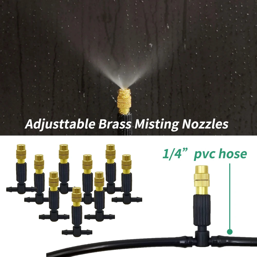 15M-30M Outdoor Misting Garden Irrigation 1/4'' Brass Atomizer Nozzles Hose for Patio/Greenhouse