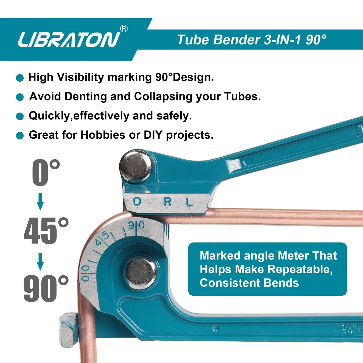 LIBRATON Tube Pipe Bender, 3-IN-1, 1/4" 5/16" 3/8" for Copper, Brass, Aluminum, Thin Steel