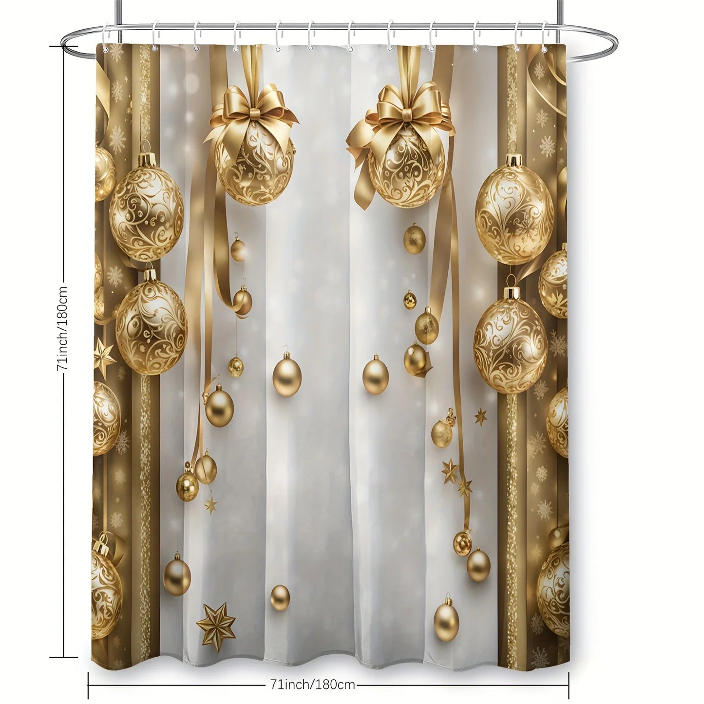 4PCS Holiday Gold Christmas Shower Set, 12 Hooks, Bath Mat, Toilet Seat Cover, U-Shaped Rug, Seasonal Bathroom Decor