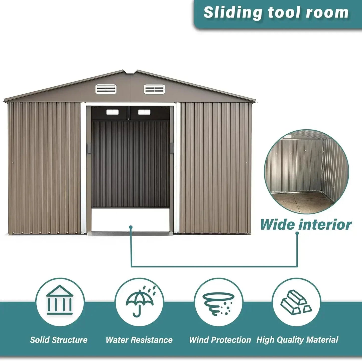 10ft X 8ft Metal Storage , Outdoor  Shed With Lockable Slide Doors & 2 Windows,