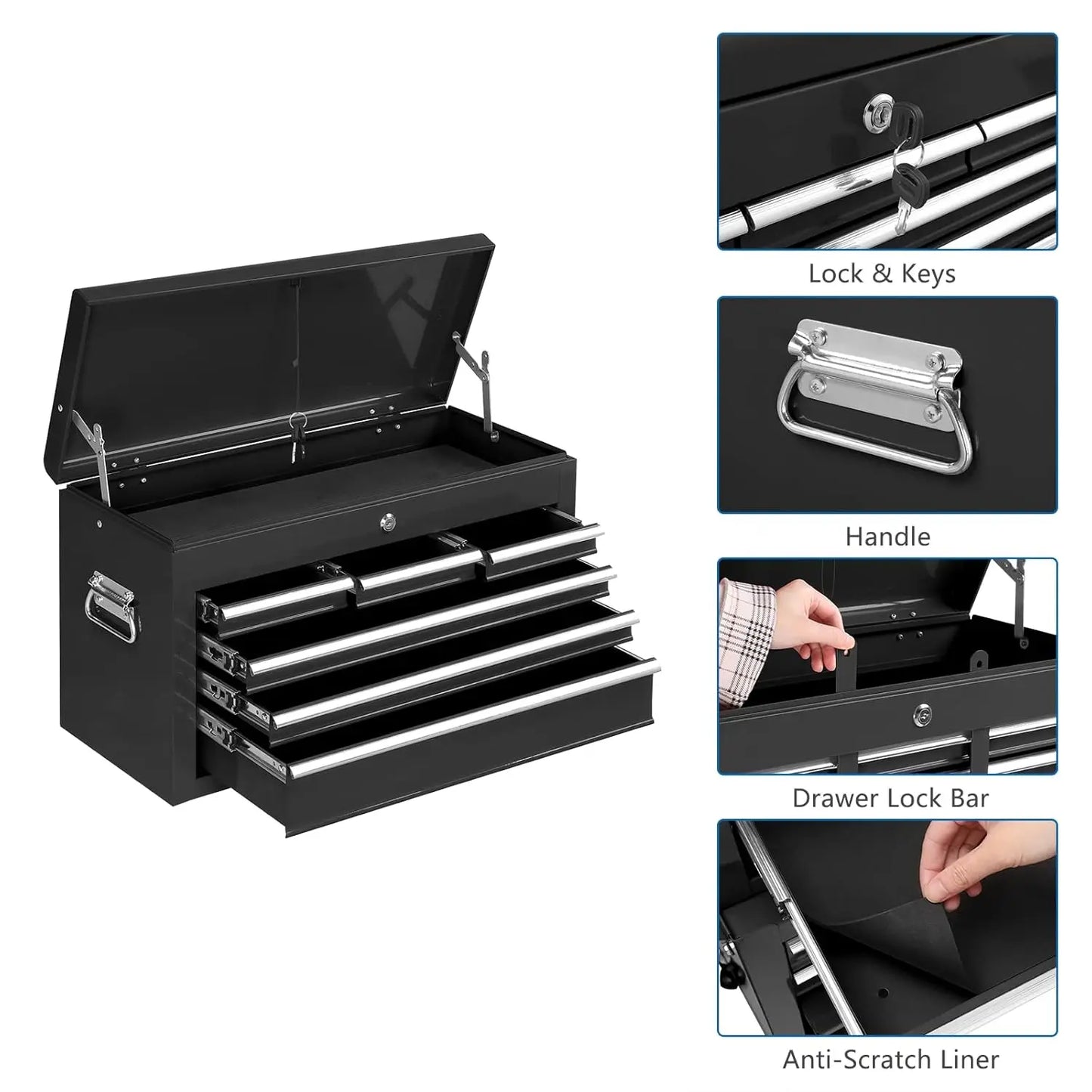 8-Drawer Rolling Tool Chest w/Lock w/Wheels, Detachable Top, Drawers & Drawer Liners,