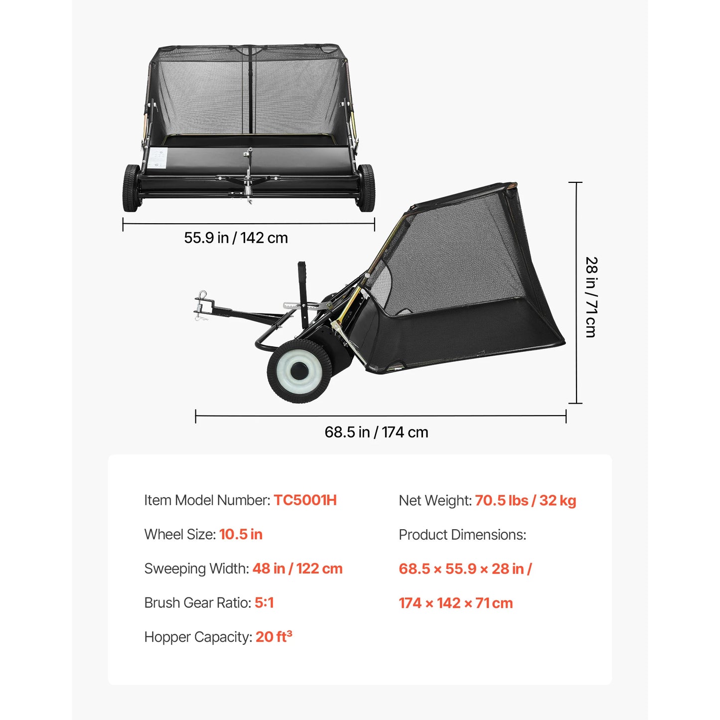 SucceBuy Large Lawn Sweeper, Tow Behind Design with Dump Rope for Easy Emptying