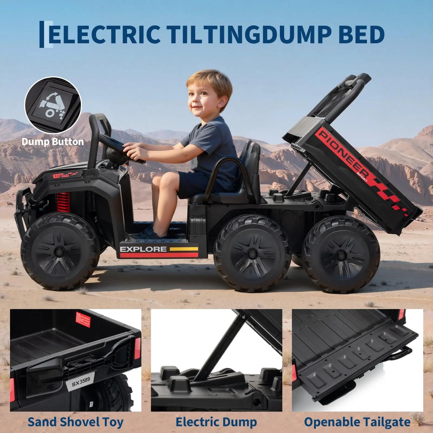 24V 4WD Electric Ride-on Dump Truck For Kids 2-Seater With Parental Remote Control