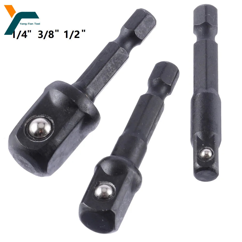3Pcs Impact Socket Adapter 1/4 3/8 1/2 Inch Nut Driver Sockets Hex Shank