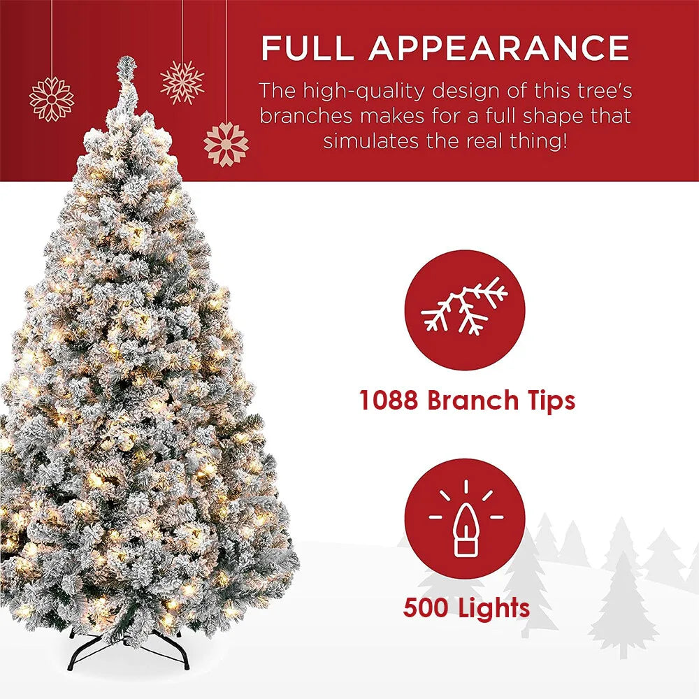 7.5ft Artificial Pre-lit Christmas Tree Snow White Flocked Hinged Bushy Xmas