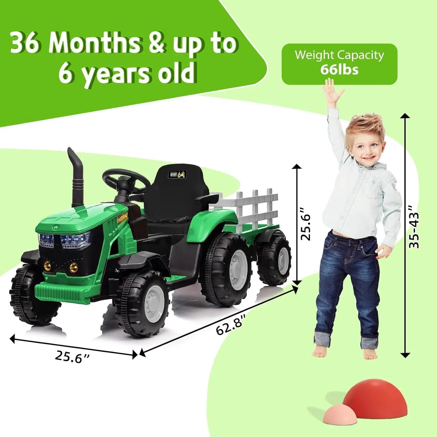 12V Kids Tractor with Trailer,35W Dual Motors,, Bluetooth ,Music, Spring Suspension